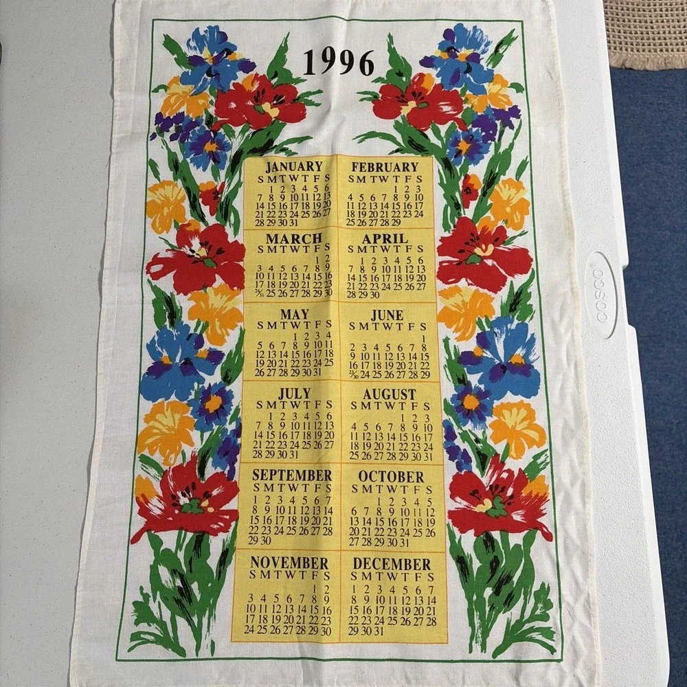 VINTAGE LINEN 1996 FLORAL KITCHEN CALENDAR TOWEL